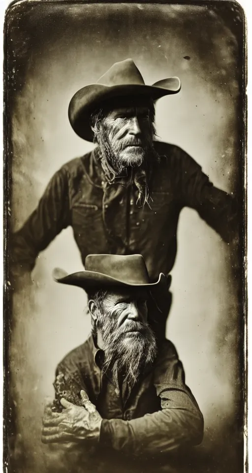 Prompt: a wet plate photograph, a portrait of an old cowboy