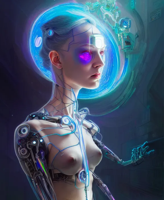 Image similar to a whirlwind of souls rushing inside the metaverse, hologram, half body, neurochip, shaved temple, piercing, jewelry, android, cyborg, cyberpunk face, by loish, d & d, fantasy, intricate, elegant, highly detailed, colorful, digital painting, artstation, concept art, art by artgerm and greg rutkowski and alphonse mucha