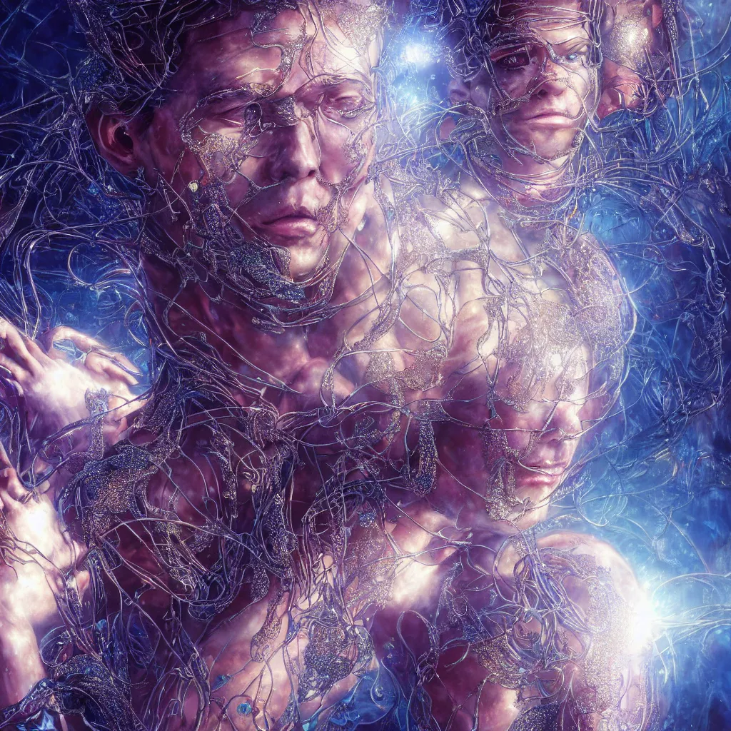 Image similar to extremely detailed cinematic movie still full body shot of 2 1 years old artist hyperreal skin face golden energy strings and neural networks art - nouveau style with sparkling crystals by denis villeneuve, wayne barlowe, simon birch, marc simonetti, philippe druillet, bright volumetric sunlight, rich moody colors, bokeh