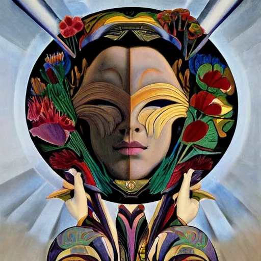 Image similar to a masterpiece painting of a facemask made of stylized flowers, by evelyn de morgan and diego rivera and john watkiss and annie swynnerton, art deco shaman, art brut, symbolist, dramatic cinematic lighting, god rays, iridescent beetles, clean crisp graphics, smooth sharp focus, extremely detailed