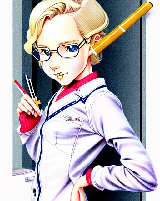 Image similar to illustration depicting a wealthy young mischievous female prep school student with medium length bright blonde hair and pale skin, in an old study room smoking her dad's cigarettes, complex artistic color ink pen sketch illustration, subtle detailing, illustrated by Artgerm and Range Murata.