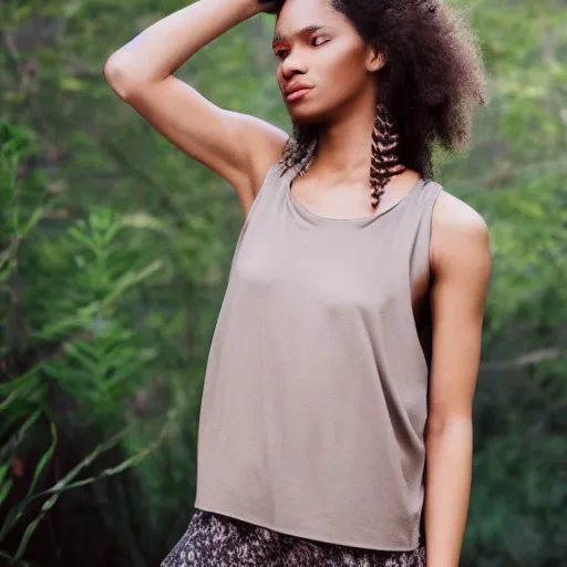 Prompt: realistic photoshooting for a new heliot emil lookbook color film photography portrait of a beautiful woman model wearing a taupe pelagia tank top, photo in style of tyler mitchell