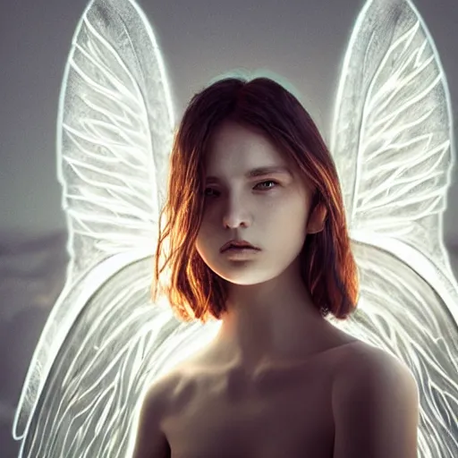 Image similar to portrait art of female angel, art by alessio albi 8 k ultra realistic, angel wings, lens flare, atmosphere, glow, detailed, intricate, full of colour, led lighting, trending on artstation, 4 k, hyperrealistic, focused, extreme details, unreal engine 5, masterpiece