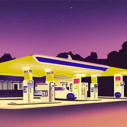 Image similar to a digital rendering of a gas station at night by george ault, retrofuturism, concept art, matte drawing, reimagined by industrial light and magic