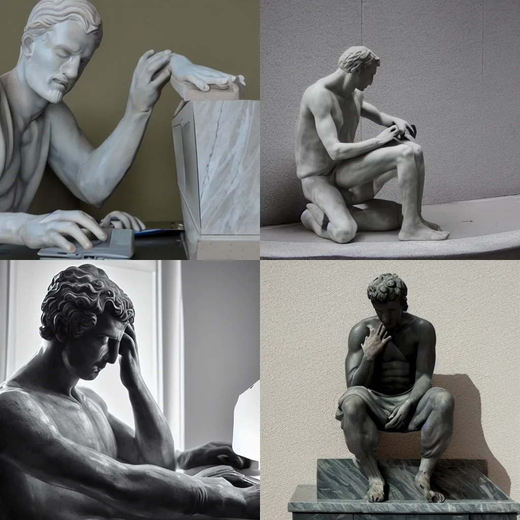 Prompt: a marble statue of a man struggling with a computer