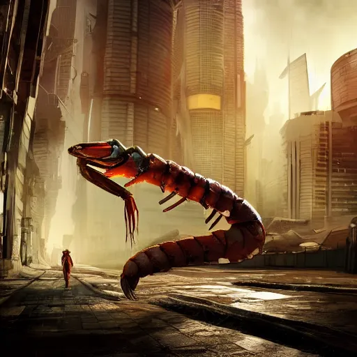 Image similar to a giant robotic shrimp standing in a dystopian city, cyberpunk, dystopian, god, evil, villain, sharp focus, dynamic lights, still, photograph, hyper realistic, masterpiece, digital, octane render, rendered, 3 d, blender, 3 d software, cinematic, cinematic lighting, dramatic lighting, dramatic, highly detailed, intricate details, texture, slime, cinematic composition