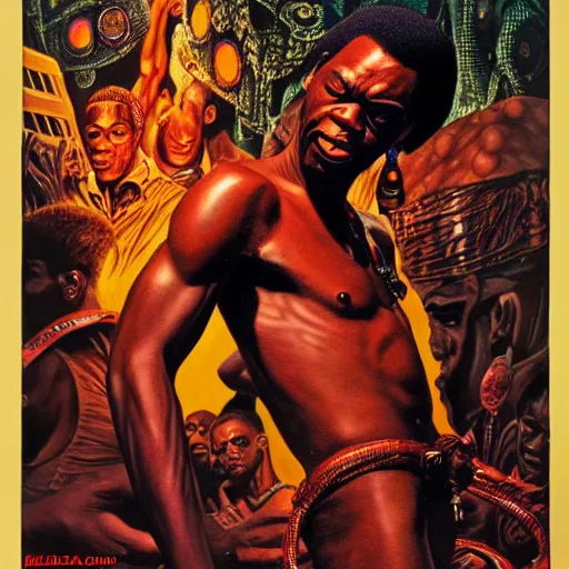 Image similar to fela kuti by clyde caldwell, very detailed, low contrast, dark background, 4 k