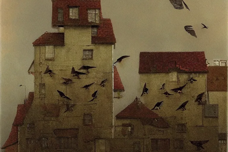 Image similar to a house with birds flying on too of it, insanely detailed, Michael Sowa