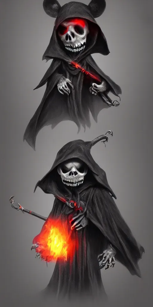 Image similar to a ghostly anthropomorphic rat with skull face and glowing red eyes wearing black tattered robes and holding two blue flames, grim reaper except a rat, photorealistic, artstation