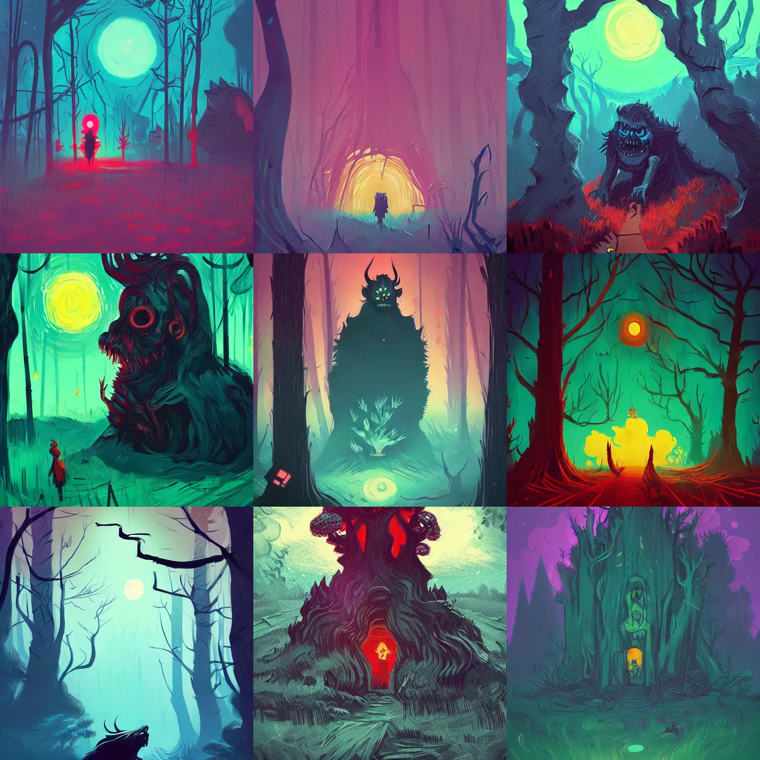 Prompt: a monster lurking in the shadows of the trees, forest, horror, unsettling, very very very very scary, by anton fadeev, alena aenami, vincent van gogh!!!, digital art, concept art, vibrant, colorful, trending on artstation