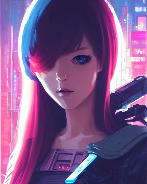 Image similar to a comic potrait of a cyberpunk cyborg girl with big and cute eyes, fine - face, realistic shaded perfect face, fine details. night setting. very anime style. realistic shaded lighting poster by ilya kuvshinov katsuhiro, magali villeneuve, artgerm, jeremy lipkin and michael garmash, rob rey and kentaro miura style, trending on art station