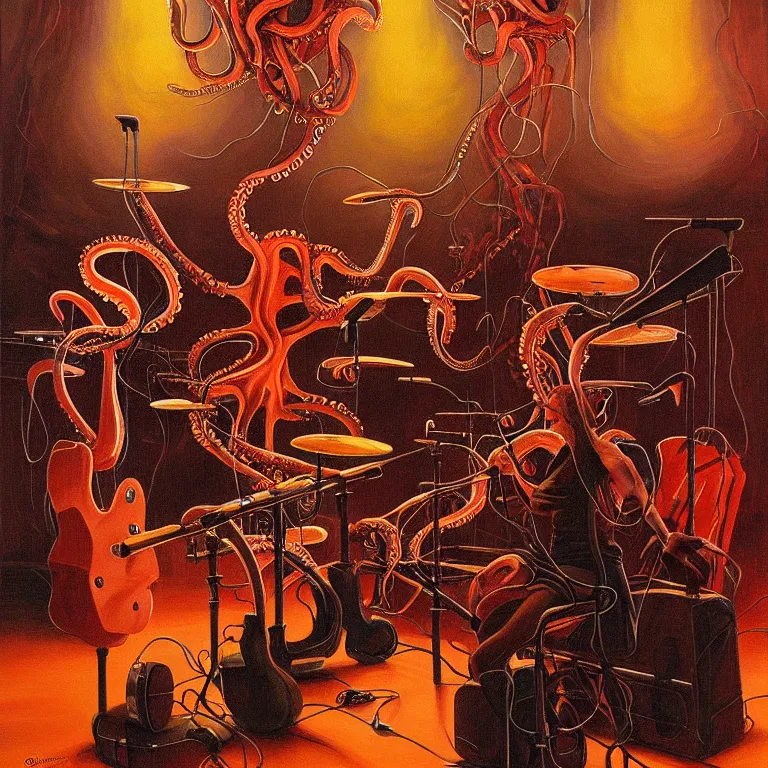 Prompt: a beautiful painting by gerald brom of a couple of octopus robots playing drums and telecaster guitar in an electronic concert, concert light, dark mood, warm lights