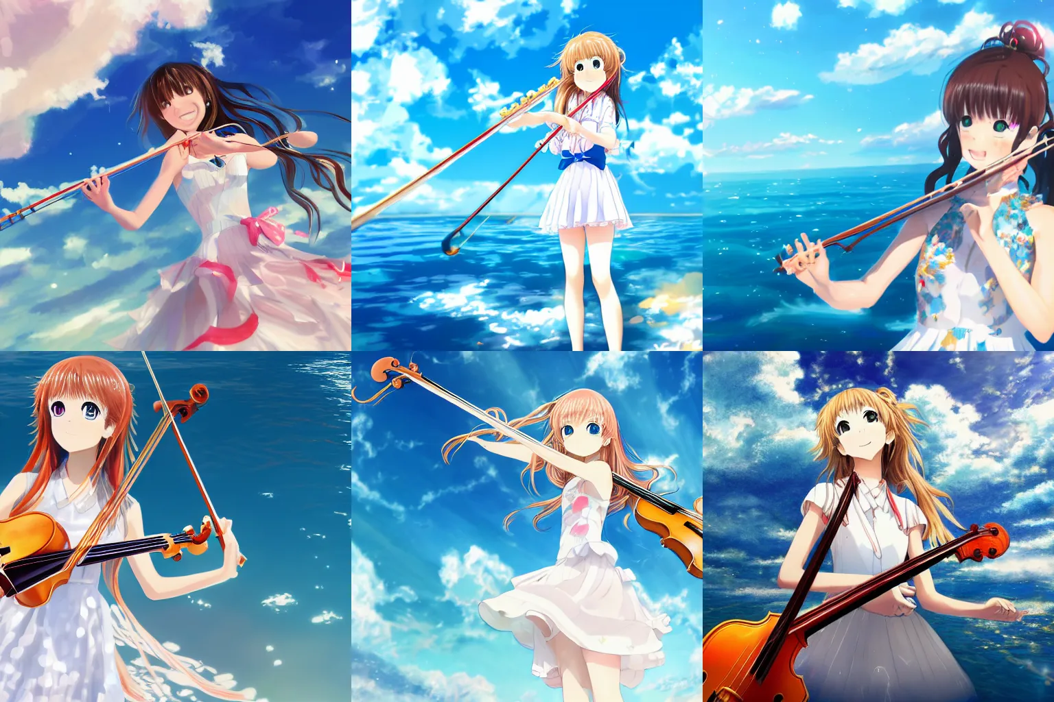 Prompt: high detail digital art of kaori from your lie in april wearing a white dress while passionately playing the violin and standing on water in the middle of the ocean surrounded by a blue sky and soft clouds, vibrant, expressive, trending on artstation