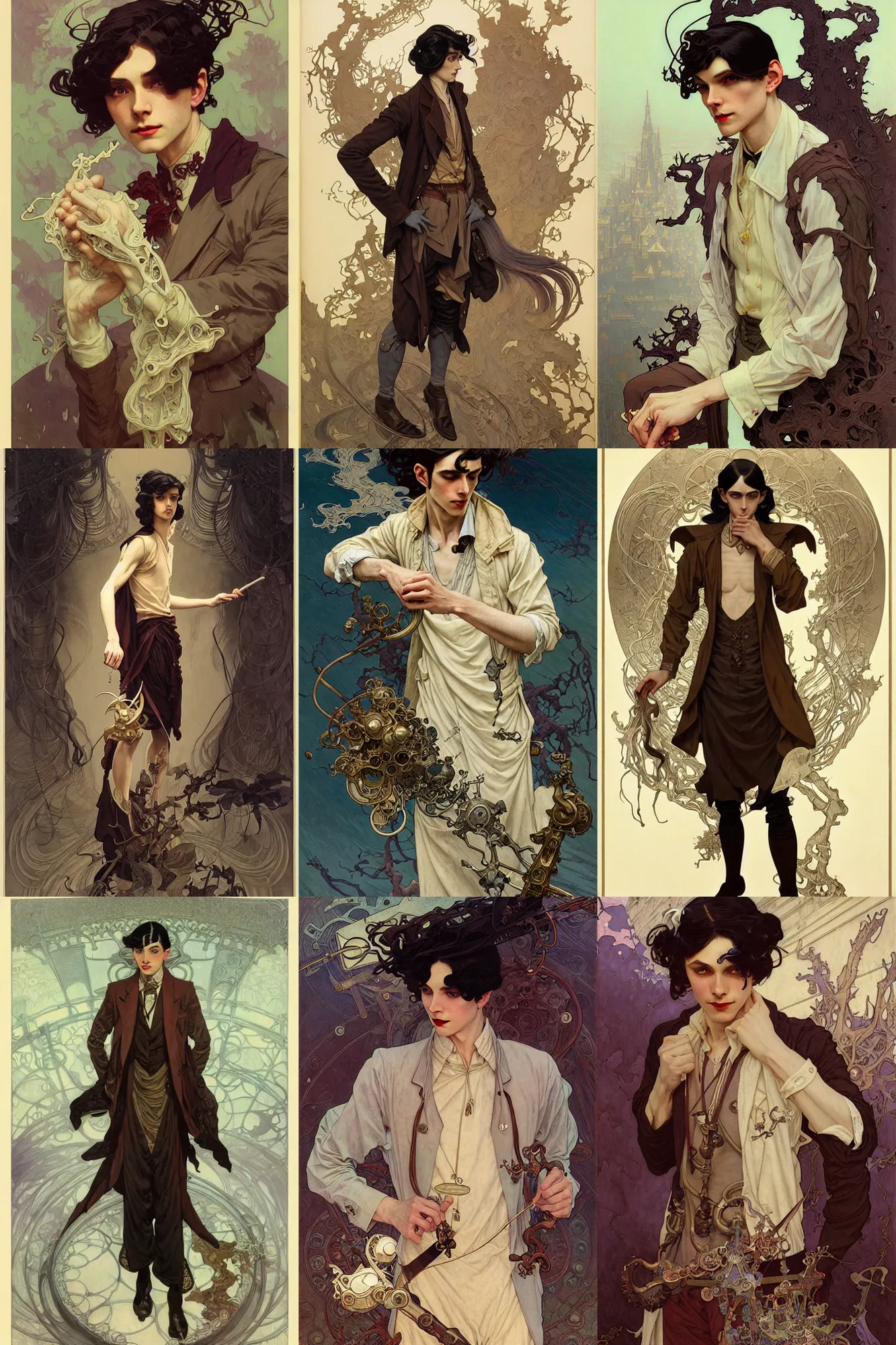 Image similar to thin young male alchemist, long dark hair, 1 9 2 0 s fashion, fantasy, highly detailed, intricate, smooth, art by joseph leyendecker, peter mohrbacher, ruan jia, marc simonetti, ayami kojima, cedric peyravernay, alphonse mucha, victo ngai