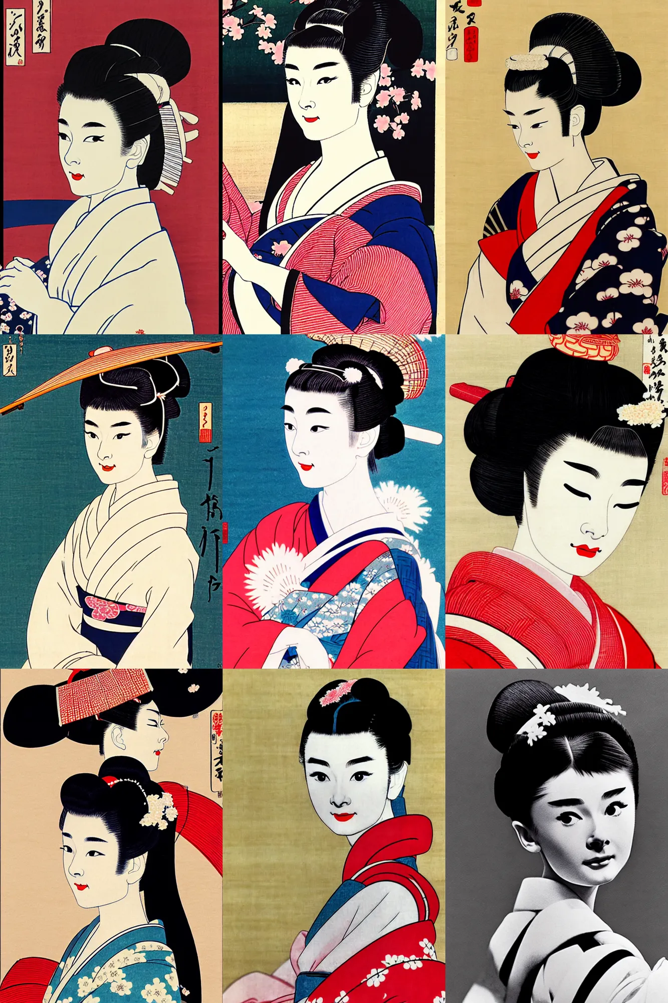 Prompt: young audrey hepburn as maiko in ukiyo - e art, by shimura tatsumi, ultra detailed, 4 k, photo real