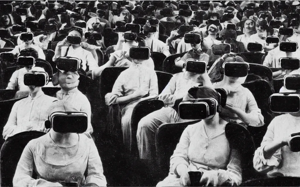 Image similar to 1 9 0 0 s photo of people using iphones ipods virtual reality headsets vr in a movie theater double exposure masterpiece