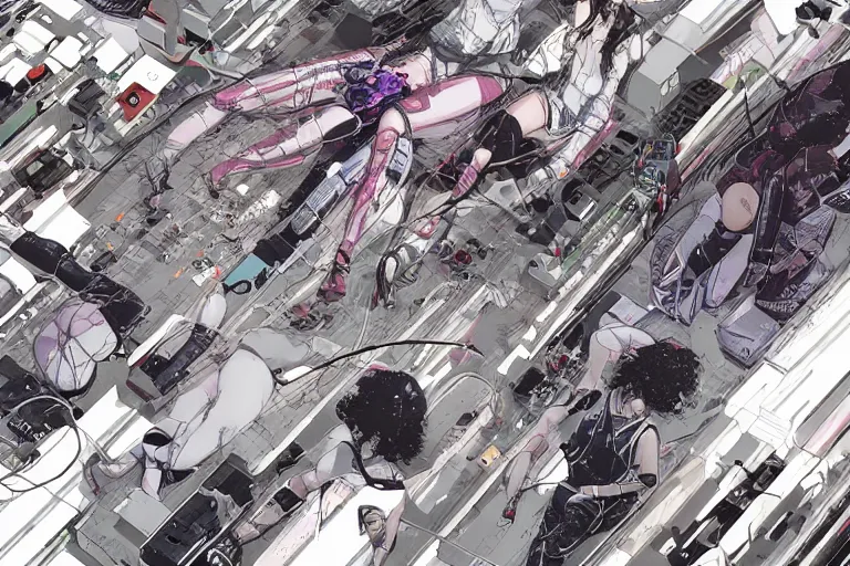 Image similar to a cyberpunk illustration of a group of female androids in style of yukito kishiro, lying on an abstract, empty, white floor with their body parts scattered around in various poses and cables and wires coming out, by masamune shirow and katsuhiro otomo, hyper-detailed, intricate, view from above