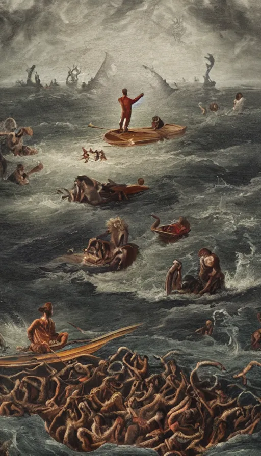 Image similar to man on boat crossing a body of water in hell with creatures in the water, sea of souls, by jesper esjing