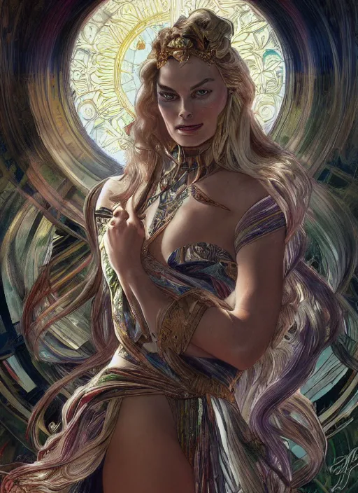 Image similar to Margot Robbie as God of Mischief, brutal, epic, intricate, elegant, highly detailed, digital painting, 4k, HDR, concept art, smooth, sharp focus, illustration, art by alphonse mucha,artgerm, H R Giger