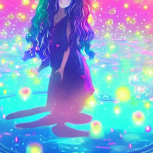 Image similar to psychedelic, whimsical, anime, 4k, Olivia Rodrigo, long trippy hair, a crystal and flower dress, bathing in a reflective pond, underneath the stars, rainbow fireflies, trending on patreon, deviantart, twitter, artstation, volumetric lighting, heavy contrast, art style of Ross Tran and Ilya Kuvshinov