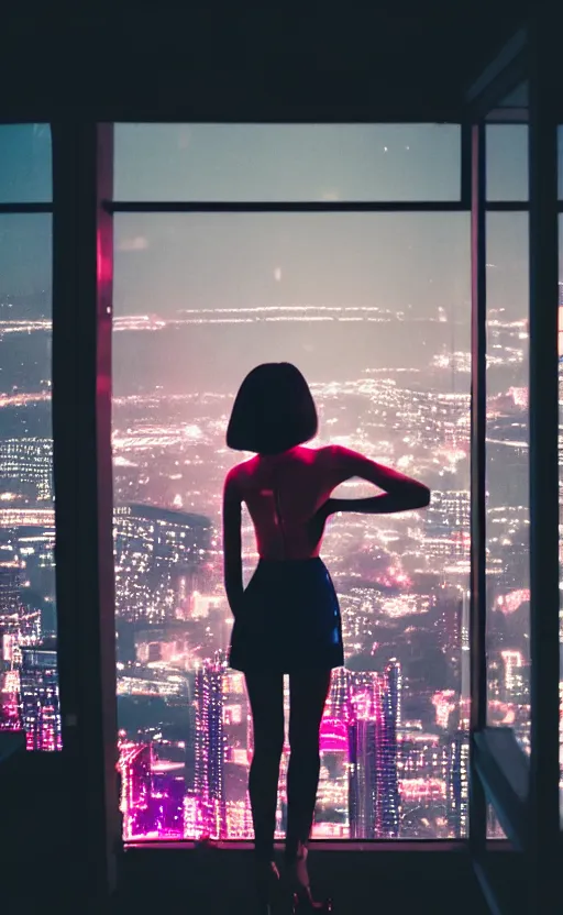 Image similar to vertical phot, girl in 7 0's retro club, editorial, fashion, neon - decorated urban on night in the city seen through the window, modern architecture design, vintage, night, blade runner, dark, clean lines, asian futuristic city at distance, big windows, octane, wide angle