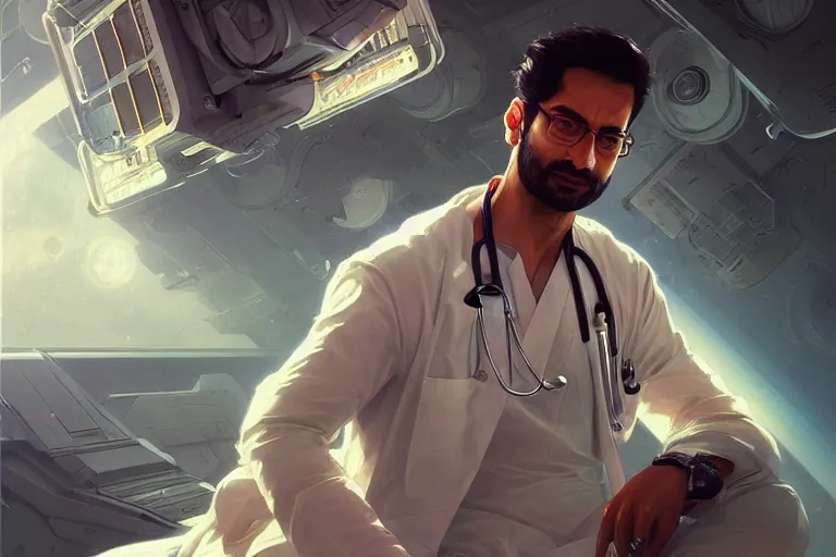 Image similar to Sensual good looking pale young Indian doctors wearing Deus Ex clothing in a space station above Earth, portrait, elegant, intricate, digital painting, artstation, concept art, smooth, sharp focus, illustration, art by artgerm and greg rutkowski and alphonse mucha