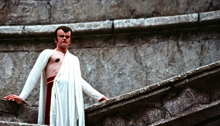 Image similar to 1 9 7 0 s movie still close - up of caligula in a white toga stabbed to death bleeding heavy blood on ancient amphitheater's stairs, cinestill 8 0 0 t 3 5 mm, high quality, heavy grain, high detail, dramatic light, anamorphic, blood