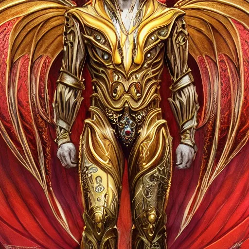 Image similar to a beautiful symmetrical muscular full body wearing a dragon armor with wings made of golden ornaments and gems, by alex gray and android jones , Karol Bak, Ayami Kojima, Amano , concept art, character design, fantasy,3D, 8k resolution