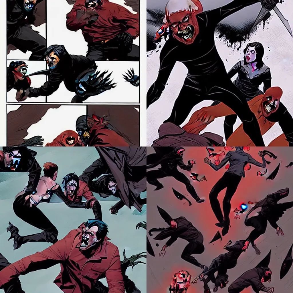 Prompt: Rafael Albuquerque comic art, Joshua Middleton comic art:: action shot of scary vampires red eyes attacking and eating people, open mouths sharp teeth, long sharp fingers long nails:: horror, grotesque, fighting aggression, battle:: snow, overhead shot downward angle, people screaming and running, small town