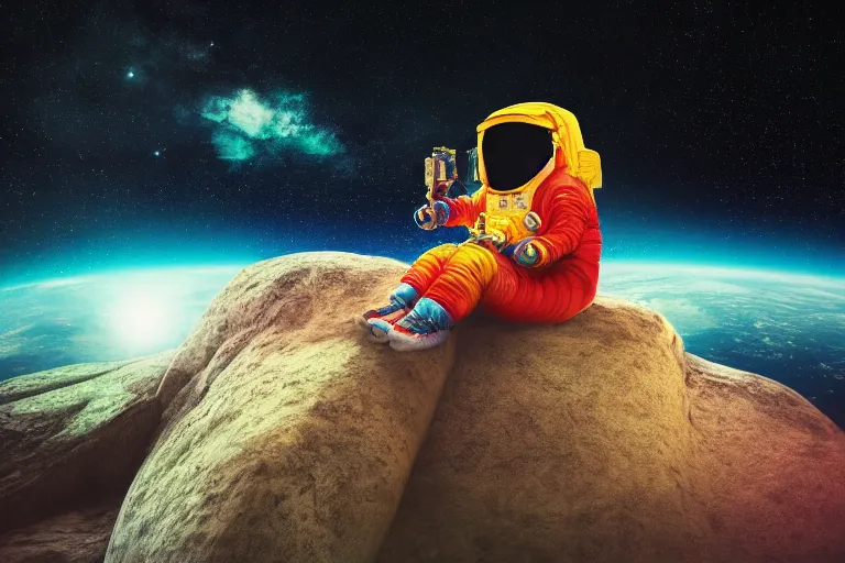 Prompt: Wide shot of a colorful astronaut sitting on a rock in space designed by Lisa Frank, lonely, glows, cinematic lighting, ambient light,