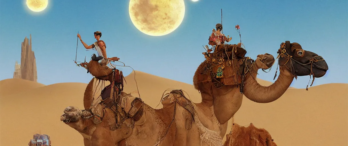 Prompt: a beautiful illustration of a man on the perch of a wooden structure on the back of a giant camel traveling a desert of massive dunes towards a brutalist abandoned skyscraper half-buried in a desert wasteland of cliffs and sand with a ringed planet on the horizon in the style of Rob Lefield and Ralph McQuarrie, Daniel Merriam :.1, trending on artstation, digital art, third person perspective, viewed from below, looking up, wide angle, establishing shot