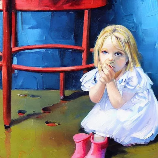 Prompt: A beautiful painting of a small girl with blonde hair, blue eyes, and a white dress sitting on a stool with her feet in a bucket of water. She has a serious look on her face as she stares at the water. cow print by Raymond Swanland, by Charles Camoin insane