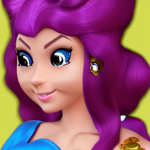 Prompt: The new Nintendo princess twin sister to princess peach wearing a royal purple dress who is a gorgeous supermodel feisty Latina with deep purple hair and a confident and flirty attitude Nintendo concept art. Cute, pretty, young woman's face. Full body shot detailed video game character art.