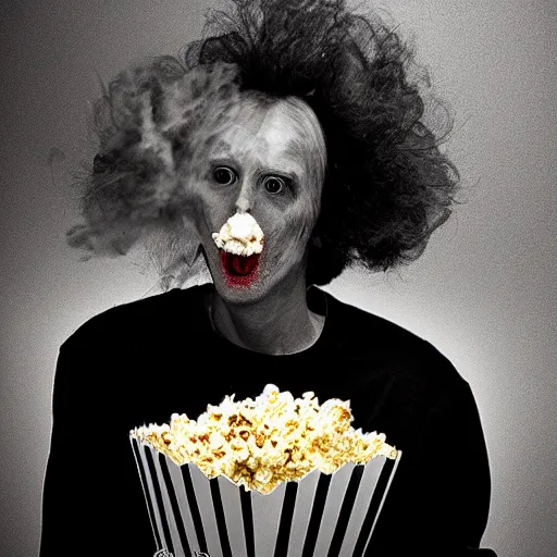 Prompt: a popcorn monster, award winning horror photography