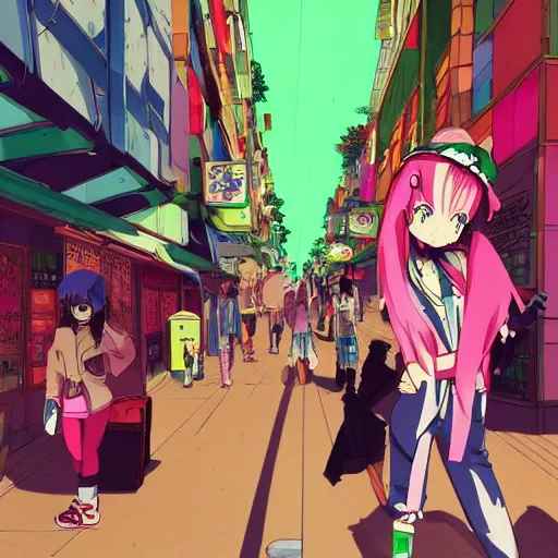 Image similar to anime girl with eccentric clothes, long spiky pink hair, cel - shading, 2 0 0 1 anime, flcl, jet set radio future, night time, entertainment district, japanese city at night, colorful buildings, lines of lights, christmas lights, rollerskaters, cel - shaded, jsrf, strong shadows, vivid hues, y 2 k aesthetic