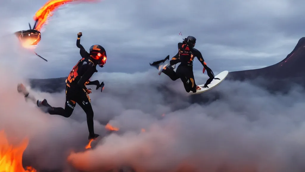 Image similar to person wearing a sponsored team jersey with logos jumping out of a helicopter with a surfboard into a volcano, action shot, dystopian, thick black smoke and fire, sharp focus