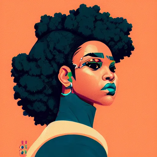 Image similar to sachin teng illustration of an angry afropunk female character, medium shot, asymmetrical, profile picture, trending on artstation