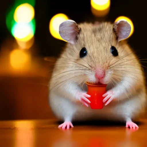 Image similar to photo of a hamster, at night, candlelit restaurant table, various poses, unedited, soft light, sharp focus, 8 k