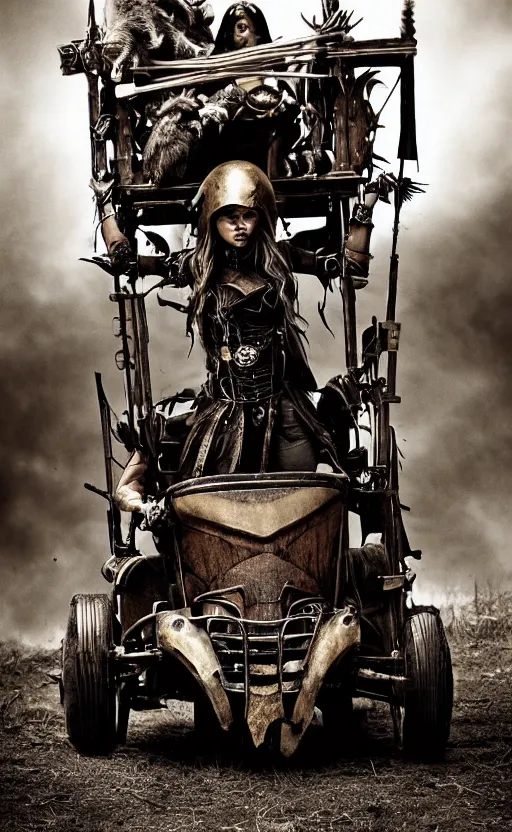 Prompt: vertical movie frame with female warrior standing on steam punk buggy with wood wheels, hunting, armor inspired by bikini and doom and fashion, strong blooded body, brutal blooded sluty symmetrical face, epic, award winning, establishing shot, extremely high detail, photorealistic, brutal, provocative, octane render, old photo, vintage, black and white, sepia, old photography, documentary photography