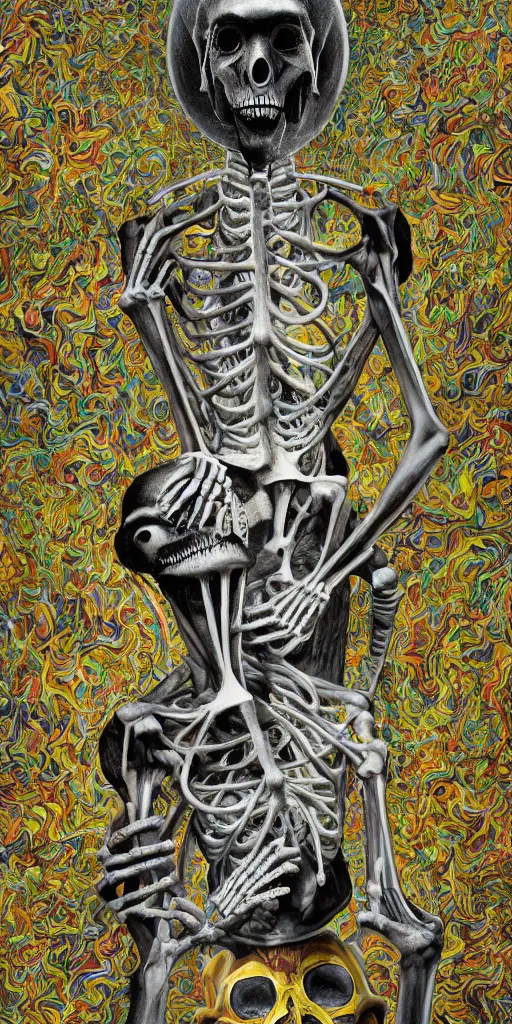 Image similar to Skeletal a sobbing man and a happy women, furry creatures, highly detailed, half skull face, cinematic, infographic for imaginary animals, golden hour, backlit by an alien planet, sharp focus, psychedelic LSD manga, abstract oil painting by Raqib Shaw and joseph albers, MC Escher illustration, 8k,by Stanley Artgermm,Tom Bagshaw,Greg Rutkowski,Carne Griffiths, Ayami Kojima, Beksinski, Giger,trending on DeviantArt,hyper detailed,horror, full of colour, golden hour