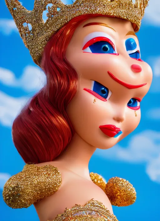 Image similar to closeup face profile portrait of a tin toy jessica rabbit as a fairytale princess wearing a crown eating cakes, bikini, depth of field, zeiss lens, detailed, symmetrical, centered, fashion photoshoot, by nicoletta ceccoli, mark ryden, lostfish, breathtaking, 8 k resolution, extremely detailed, beautiful, establishing shot, artistic, hyperrealistic, octane render