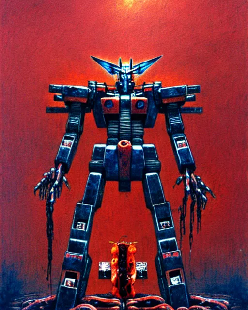 Prompt: bleeding gundam robot made of meat drawn by beksinski, high definition, lovecraftian