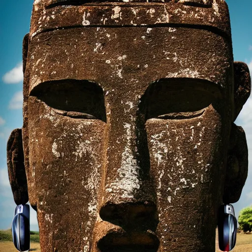 Image similar to a high detail photo of a moai wearing headphones, subject: moai, subject detail: wearing headphones