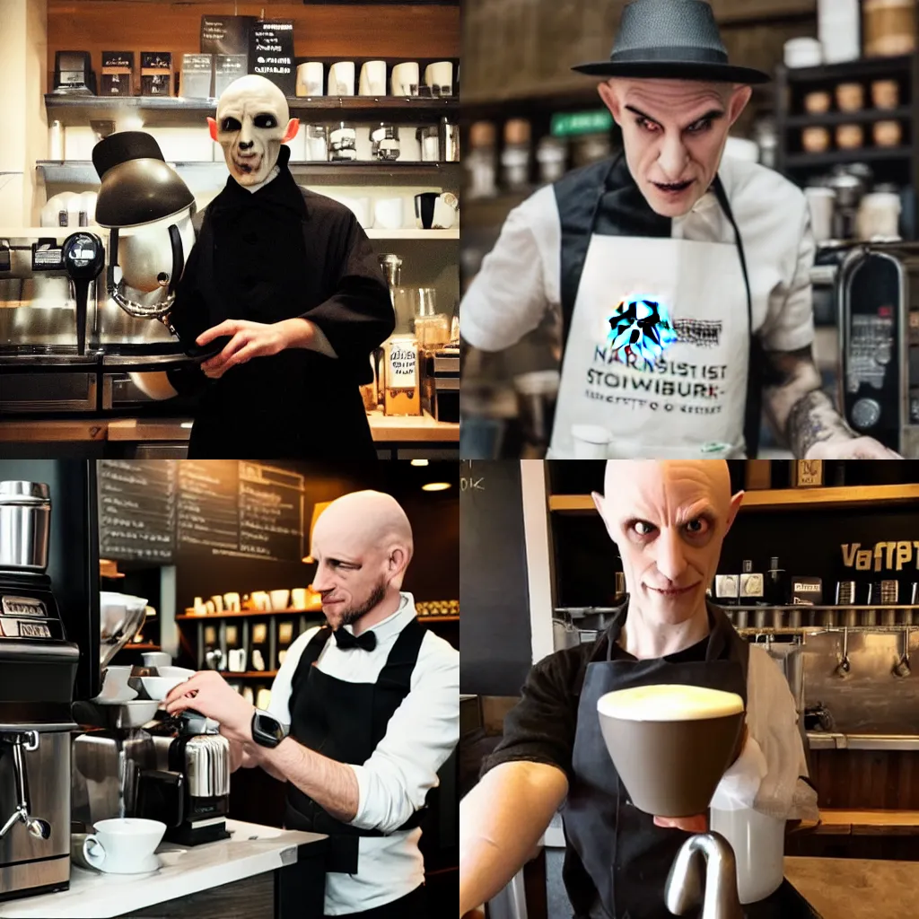 Prompt: nosferatu working as a barista at Starbucks