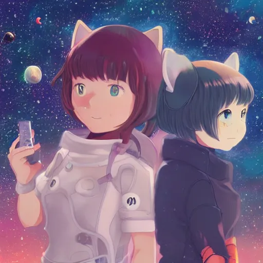 Prompt: catgirls in space by haruko ichikawa, kyoto animation, square enix makoto shinkai artgerm ghibli