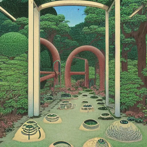 Image similar to a portal in a mysterious garden filled with spherical plants, artwork by Hasui Kawase, trending on art station