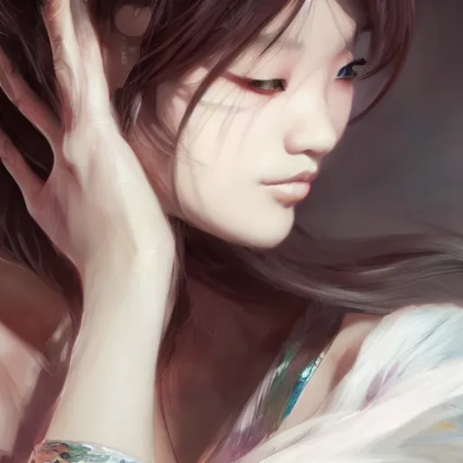 Image similar to A masterpiece portrait of a Incredibly beautiful Asian girl model in anime cosplay. Vogue. trending on artstation, digital art, by Stanley Artgerm Lau, WLOP, Rossdraws, James Jean, Andrei Riabovitchev, Marc Simonetti, Yoshitaka Amano