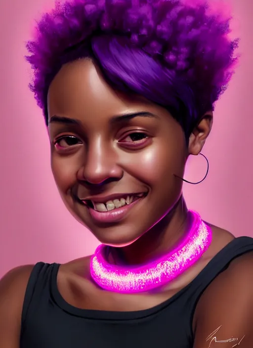 Prompt: portrait of toni topaz, black teenage girl, pink curly pixie cut hair, purple cap, hoop earrings, subtle confident smile, intricate, elegant, glowing lights, highly detailed, digital painting, artstation, concept art, sharp focus, illustration, art by wlop, mars ravelo and greg rutkowski