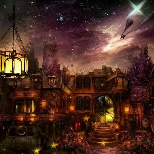 Image similar to a beautiful dreamy night sky, steampunk, fantasy, modern, beautiful, stars