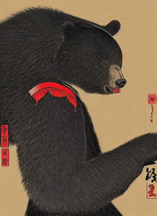 Prompt: a full body ukiyo-e portrait of a fully armored samurai Asian black bear, intricate, elegant, highly detailed, digital painting, artstation, concept art, smooth, sharp focus, illustration